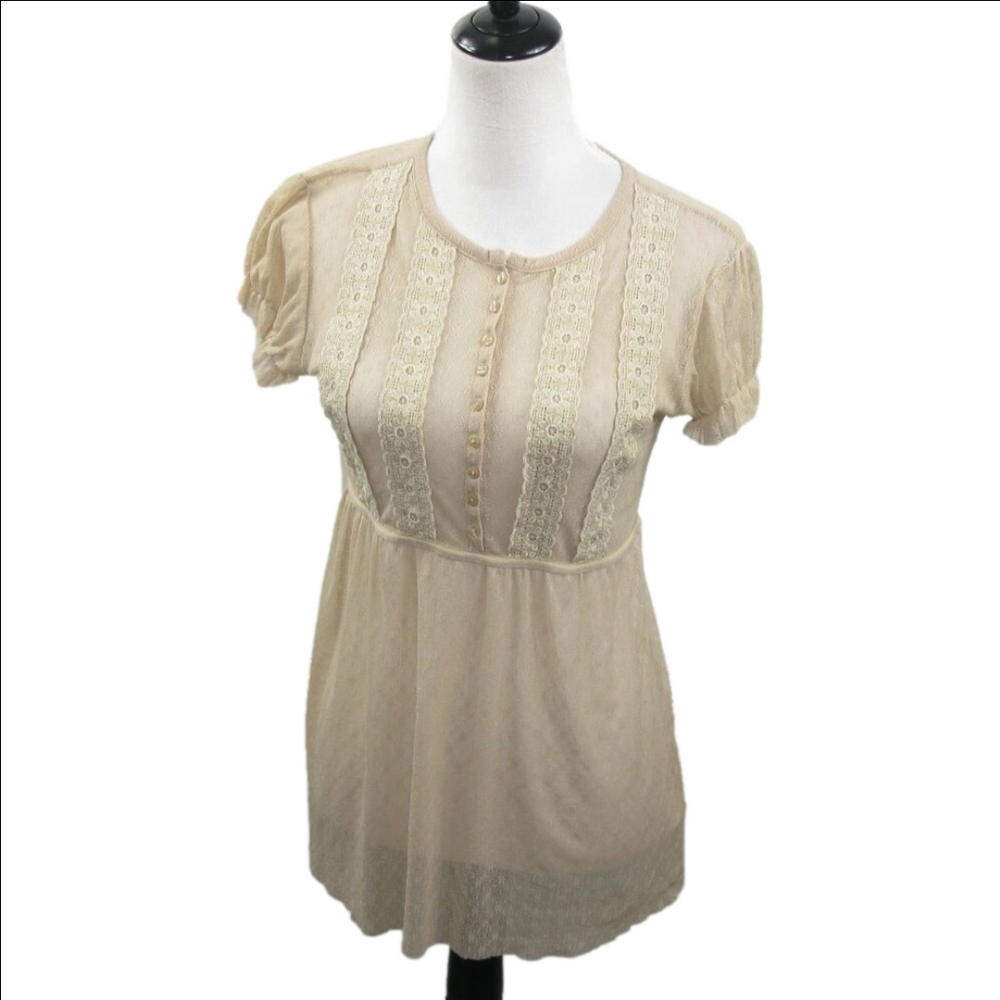 Free People Semi-Sheer Partial Button Front Short Sleeve Blouse Size Large